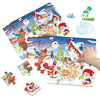 A colorful jigsaw puzzle depicting a winter scene with animals and festive elements for children.