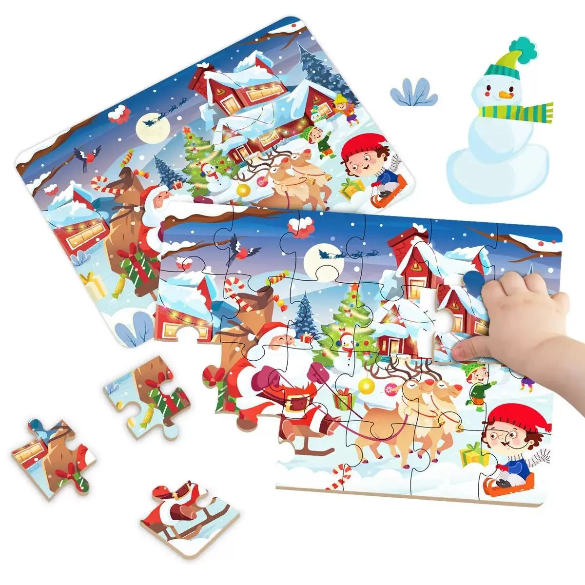 A colorful jigsaw puzzle depicting a winter scene with animals and festive elements for children.
