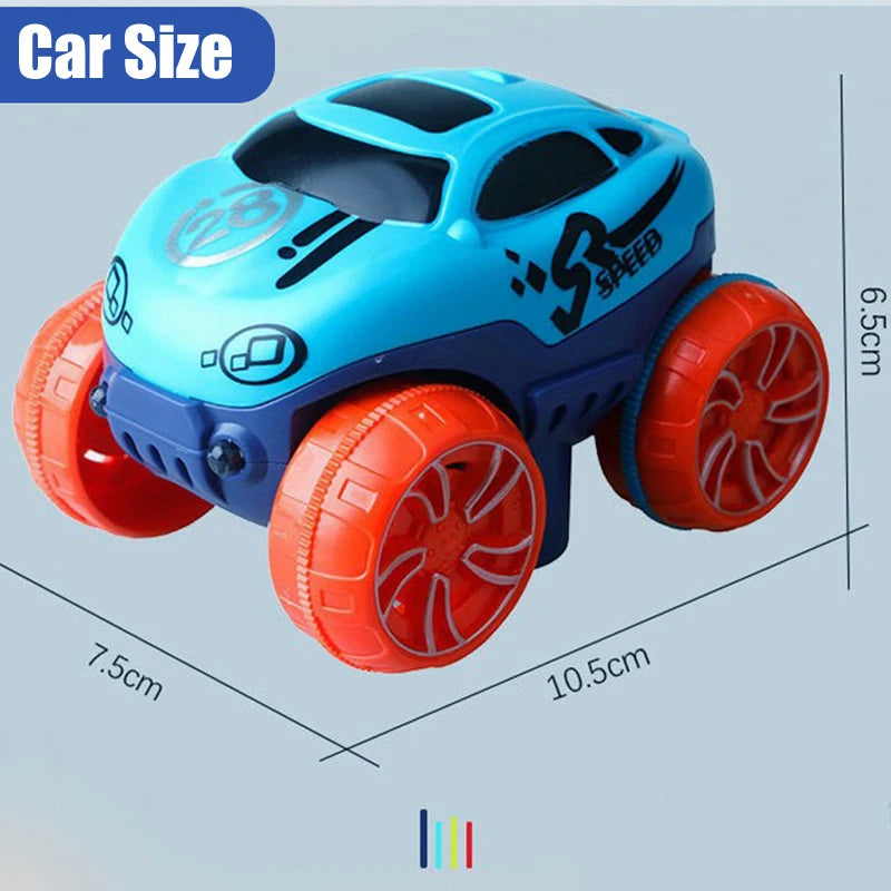 A blue and black race car toy set with orange wheels shown from above.