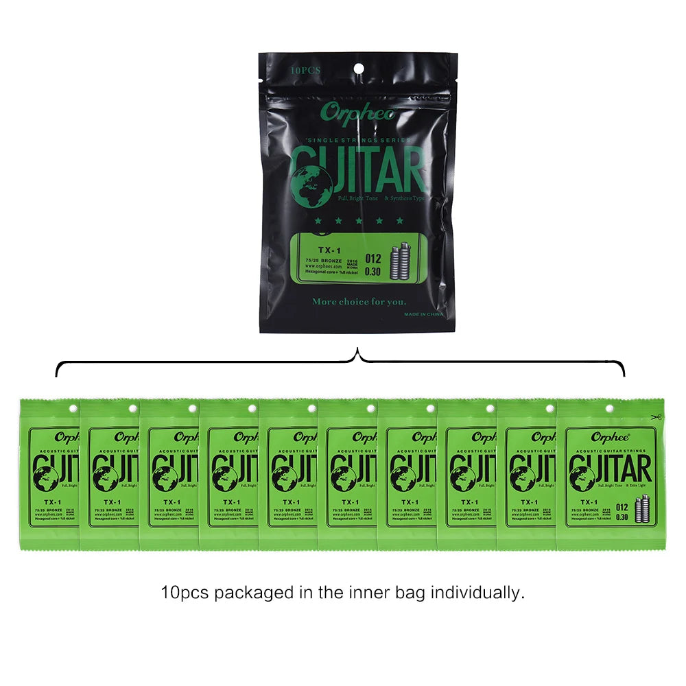 A package of 10 extra light .010 phosphor bronze acoustic guitar replacement strings.