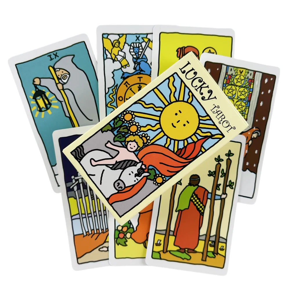 A collection of tarot cards featuring various illustrations and symbols for divination.