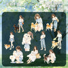 A watercolor illustration featuring girls interacting with various dogs and pets, suitable for stickers or decals.