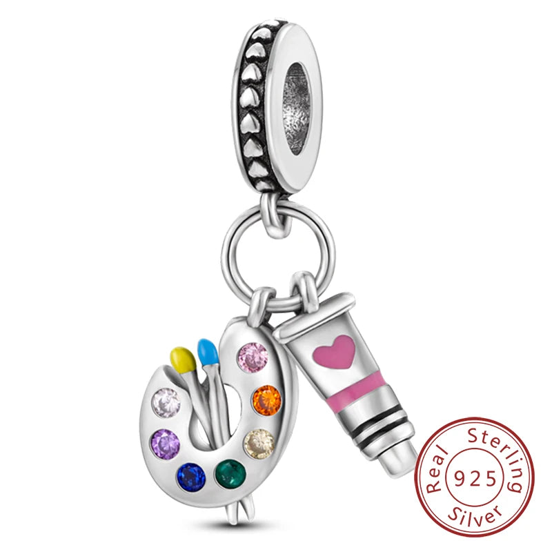 Sterling silver heart charm beads for bracelets featuring various colored stones and a heart-shaped pendant.