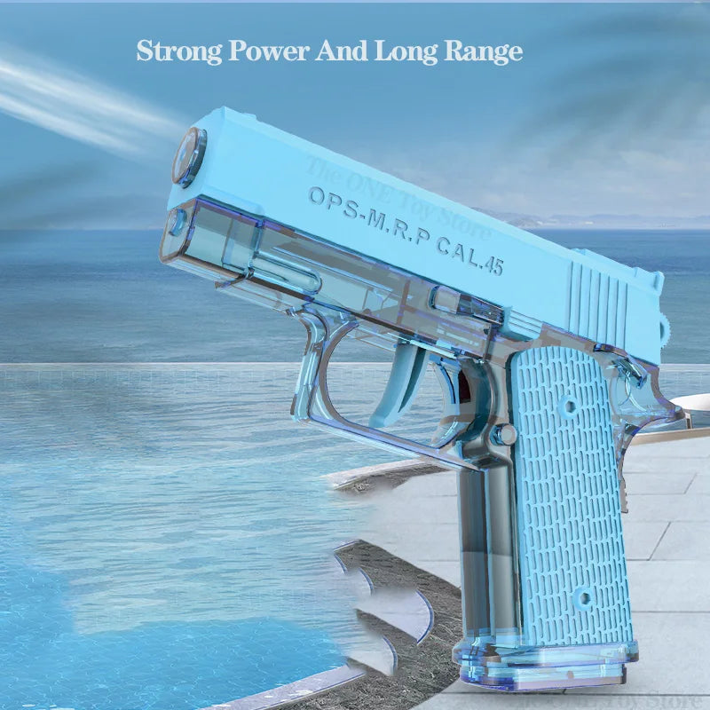 A light blue pistol water gun is shown outdoors with water splashing, demonstrating strong power and long range.