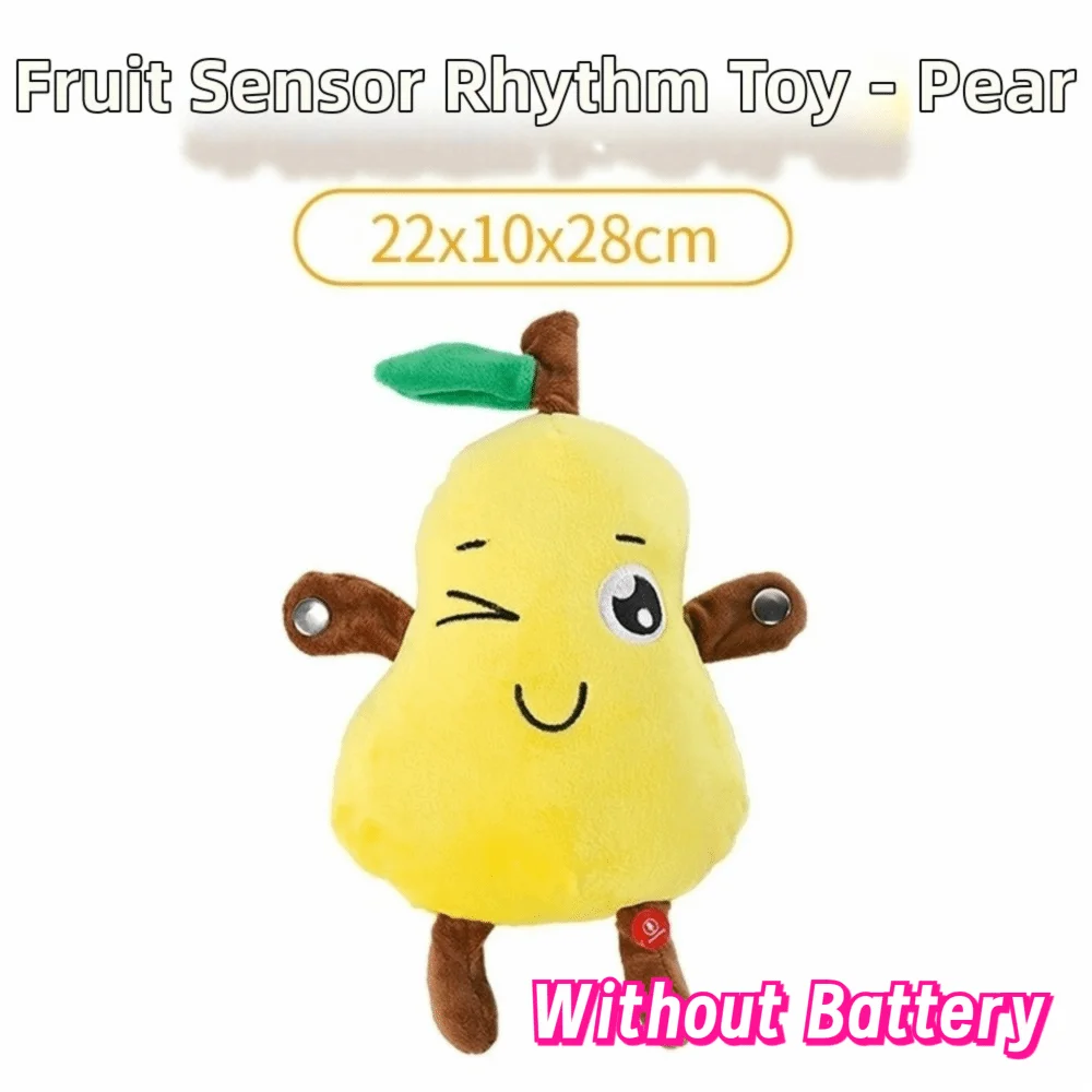 A yellow pear fruit sensor rhythm toy plush toy with a green cap and brown stem.