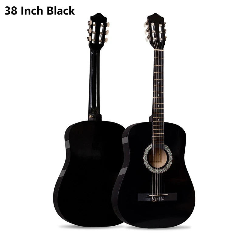 Guitare classique noire de 38 pouces pour débutants, vue de face.