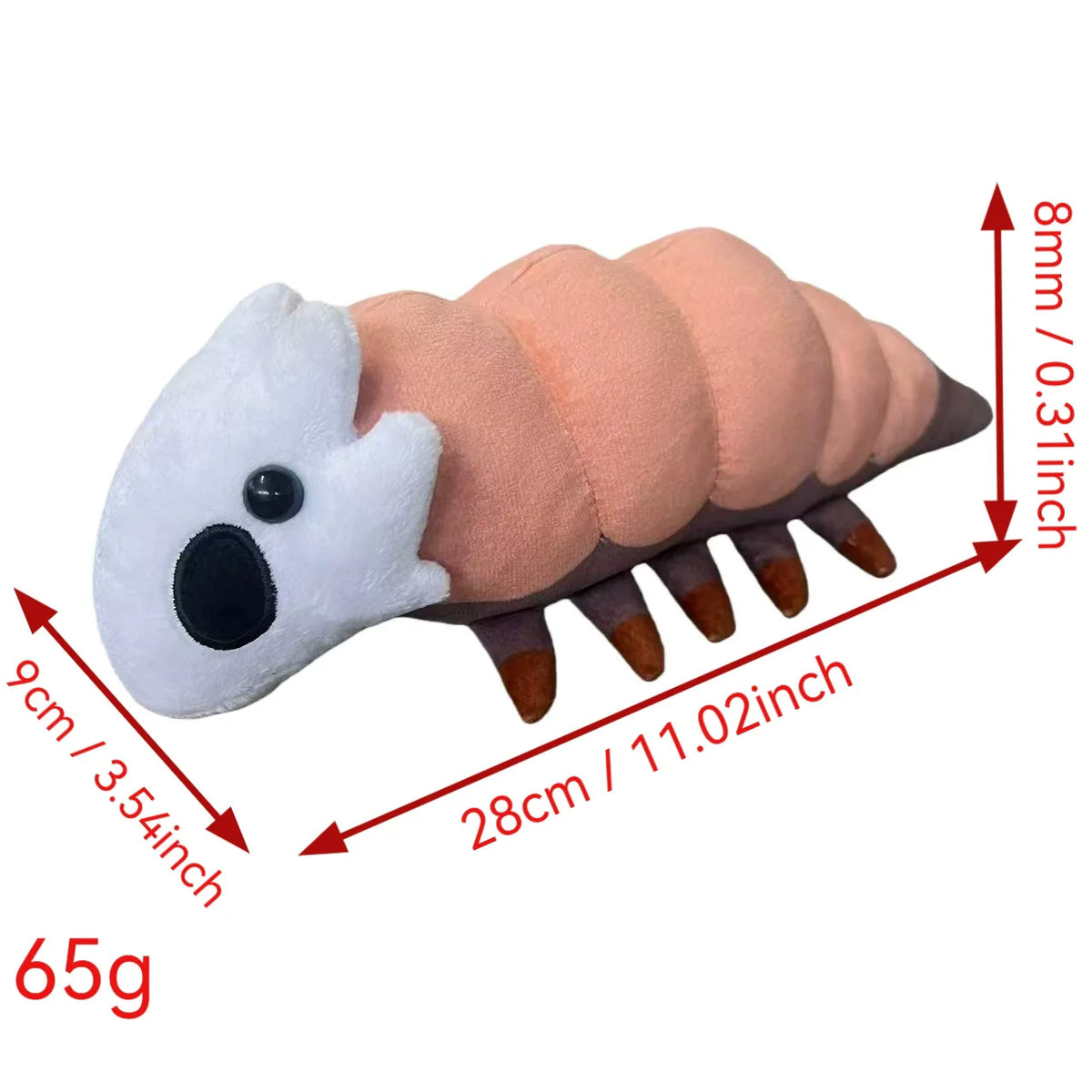 A soft plush doll resembling a segmented creature with white and peach colored body and dark claws.