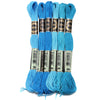 A set of six skeins of vibrant blue embroidery thread for cross stitch and DIY crafts