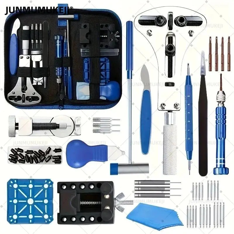 A precision watch repair tool kit showing various tools and components for watch maintenance.