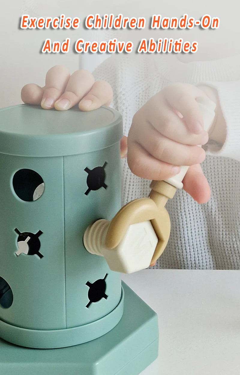 A child's hand is shown interacting with a green Montessori screwdriver board toy for fine motor skills and shape matching.