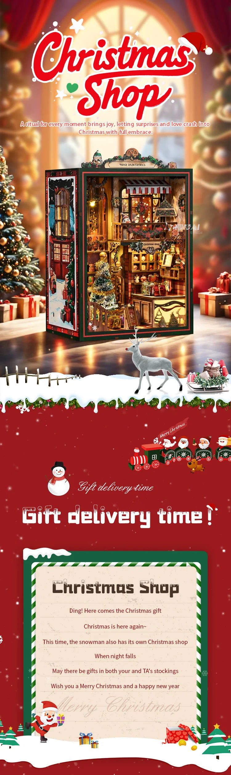 DIY Book Nook Kit – Christmas Shop Miniature Wooden Model with Lights