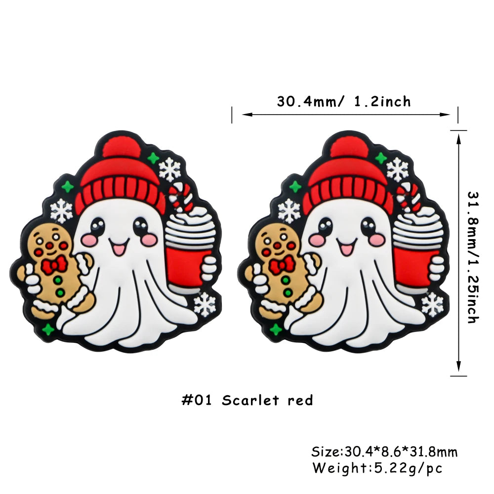 Scarlet red festive Christmas silicone bead featuring a ghost design with a red knitted hat and festive accents.