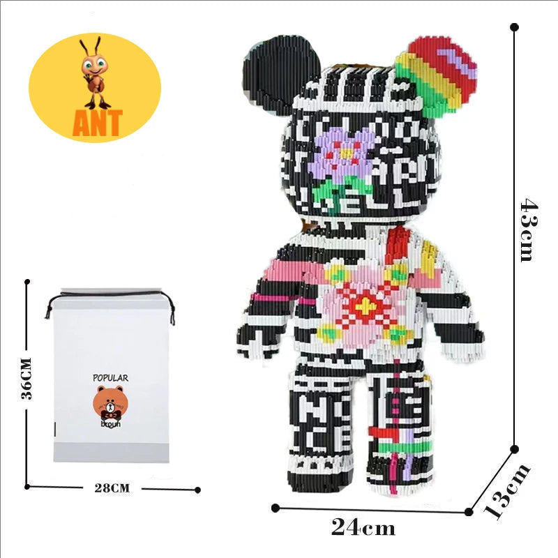 Buntes, gestreiftes, bärenartiges Bauklotz-Figuren mit großen Augen und strukturierter Oberfläche.