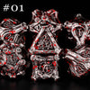 A set of seven polyhedral metal dice, including a pyramid shape, displayed against a black background.