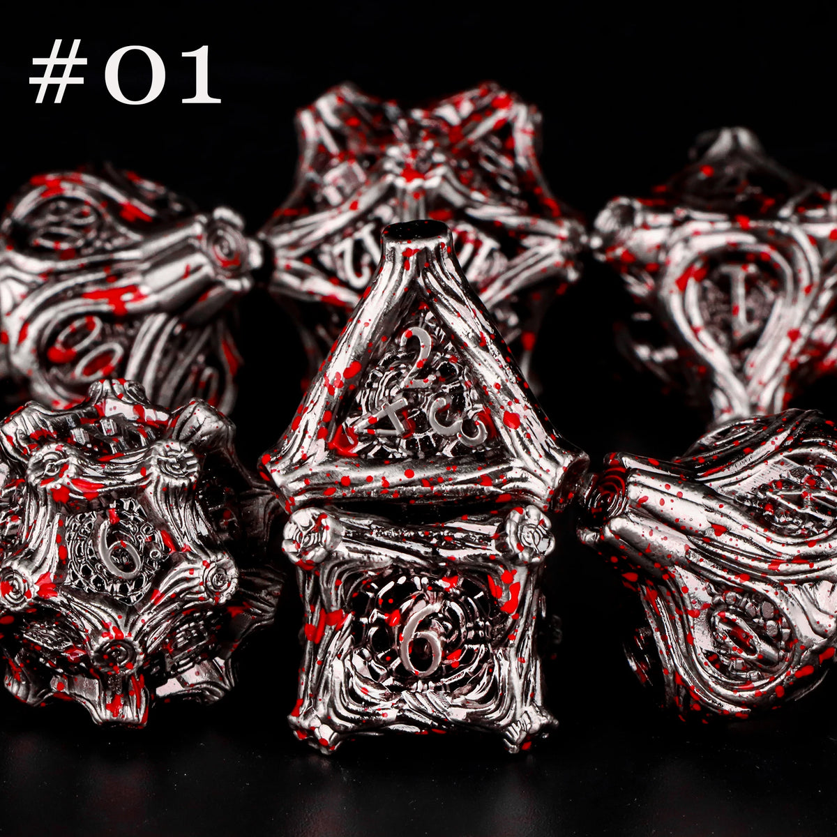 A set of seven polyhedral metal dice, including a pyramid shape, displayed against a black background.