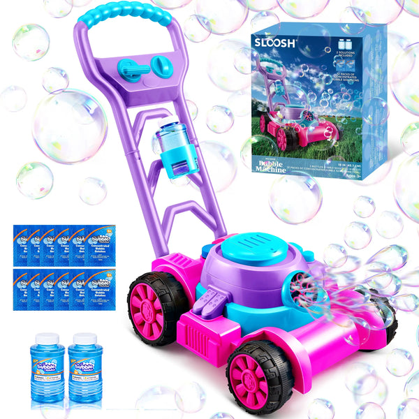 A purple and pink bubble machine toy lawn mower for kids with a purple handle and bright blue accents.