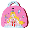 A pink makeup dress-up playset featuring a blonde princess character with a crown and a magnifying mirror.