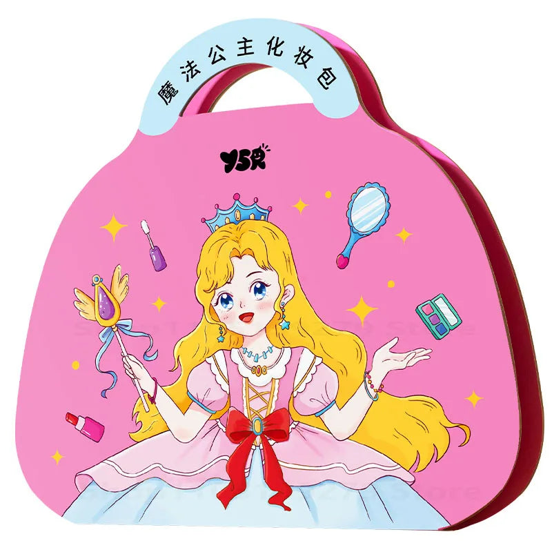 A pink makeup dress-up playset featuring a blonde princess character with a crown and a magnifying mirror.