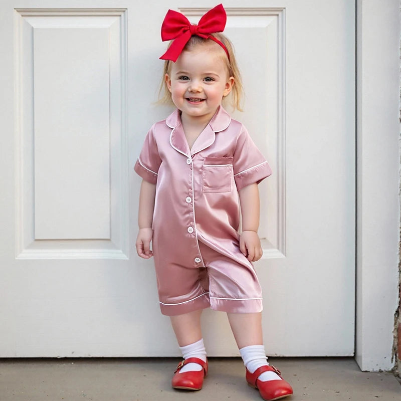 A smiling toddler girl wearing a pink satin button-up romper sleepwear with a red bow.
