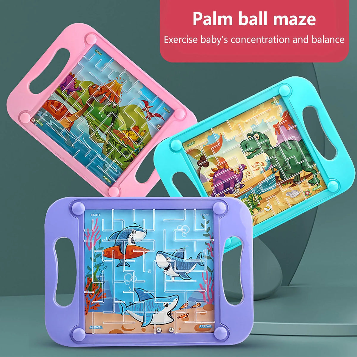 Three plastic palm ball mazes in pink, teal, and purple for exercising a baby's concentration and balance