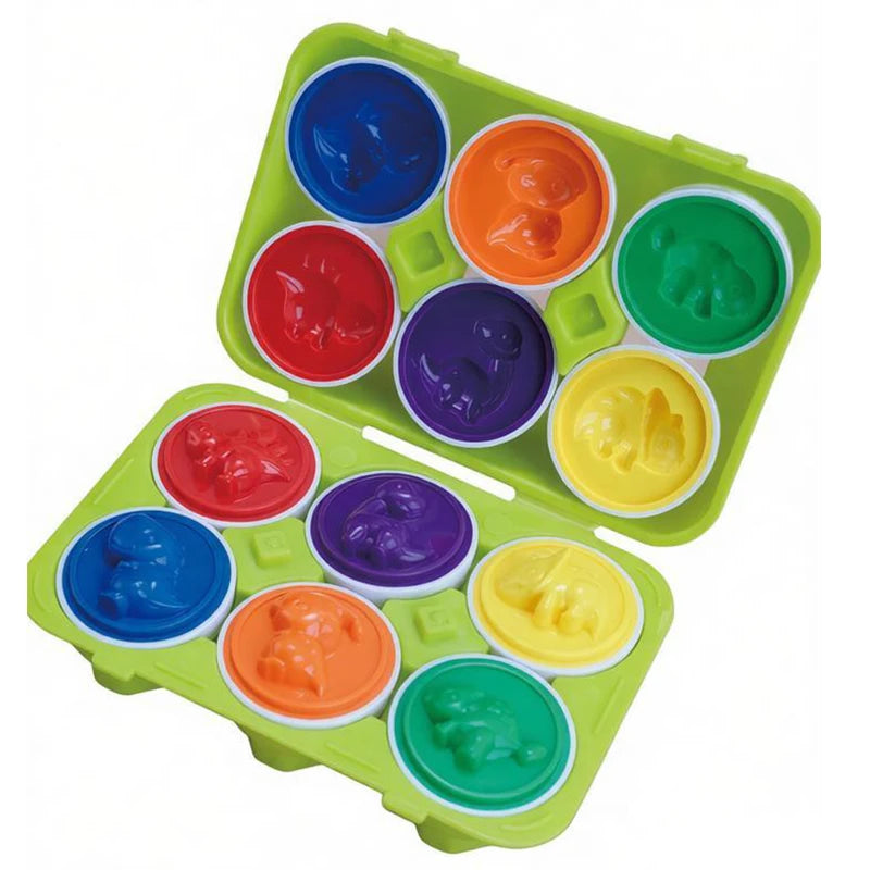 A green plastic toy set featuring colorful eggs for toddlers to match and sort by shape and color.