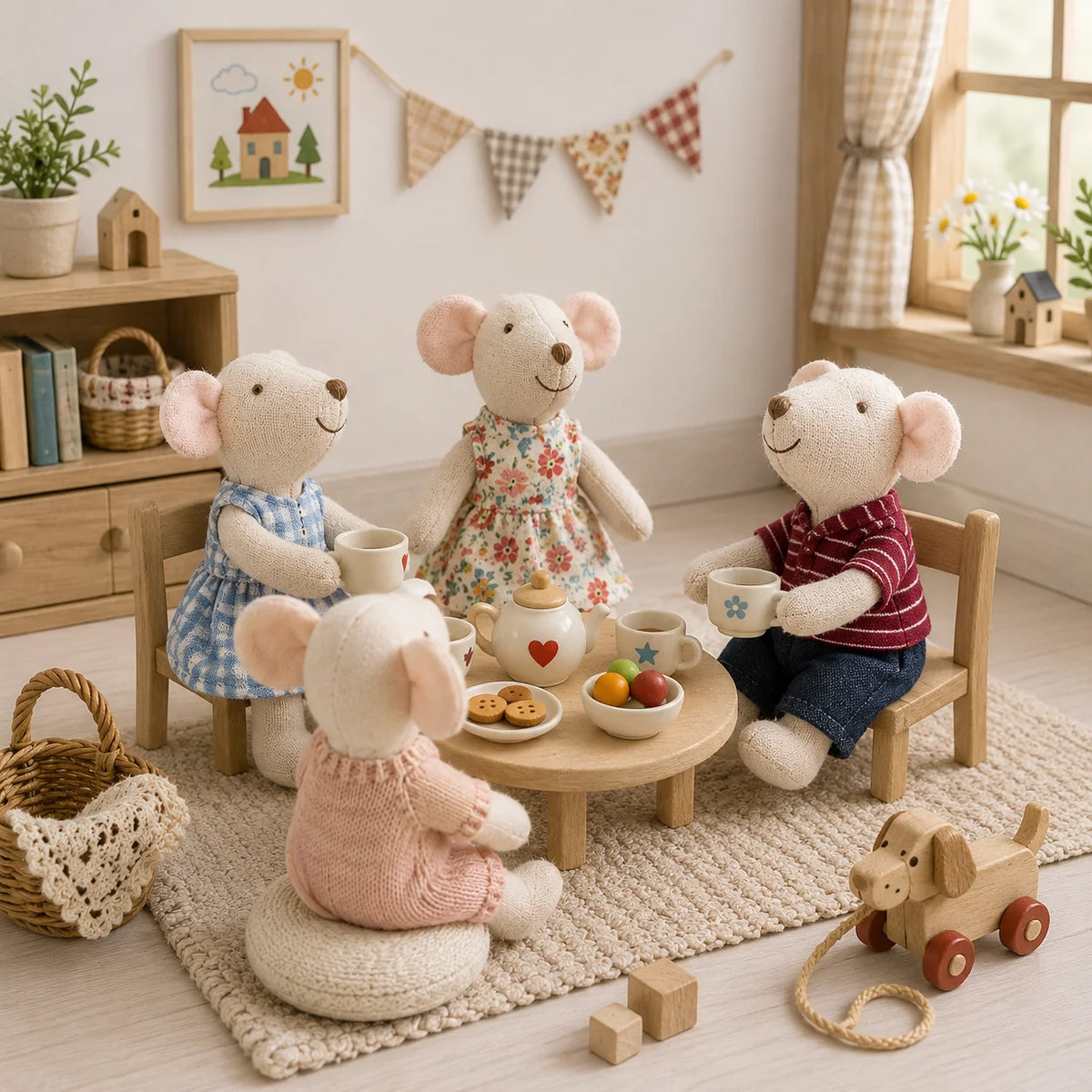 A collection of handmade mouse plush dolls dressed in various retro outfits sitting on a light rug.