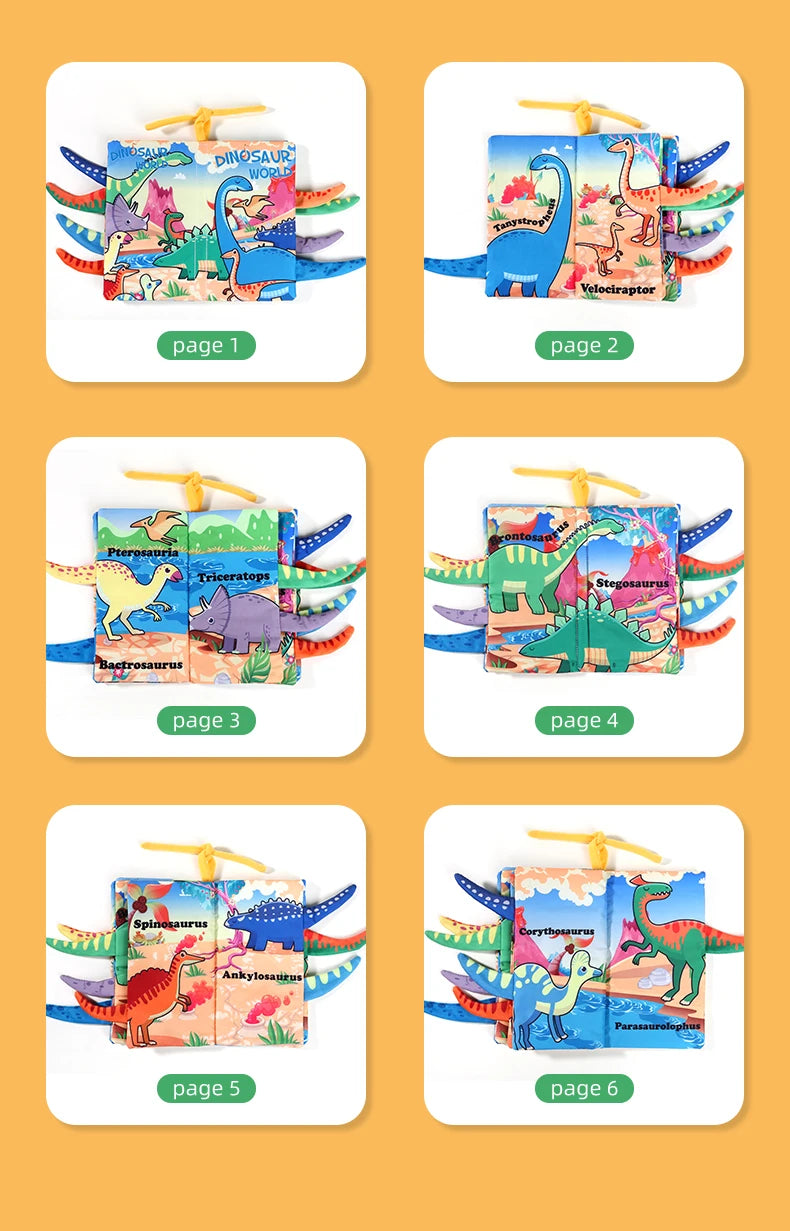A set of six dinosaur-themed soft cloth books for babies, numbered page 1 through page 6.