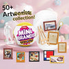 A collection of ZURU Mini Brands create products, including a yellow ball and various framed art pieces.