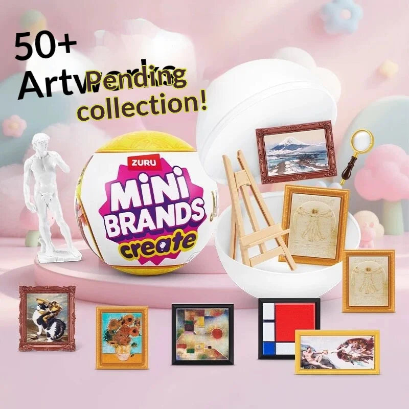 A collection of ZURU Mini Brands create products, including a yellow ball and various framed art pieces.