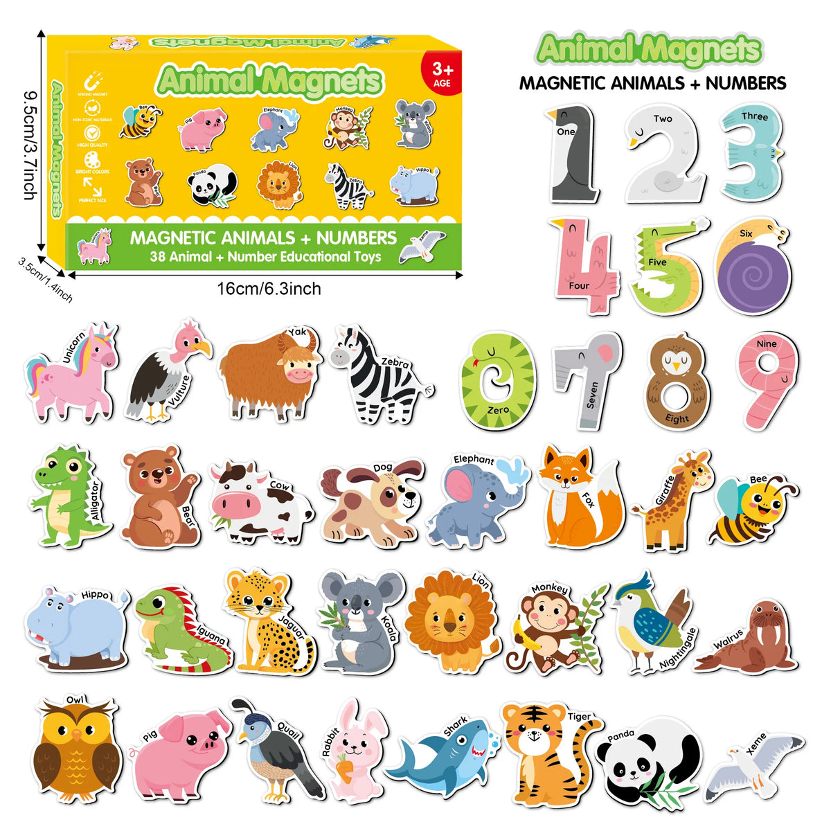 A collection of 43 magnetic animal magnets including fruits and vegetables for toddlers.