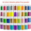 A collection of 36 colors of metallic glitter fine powder in small glass containers.