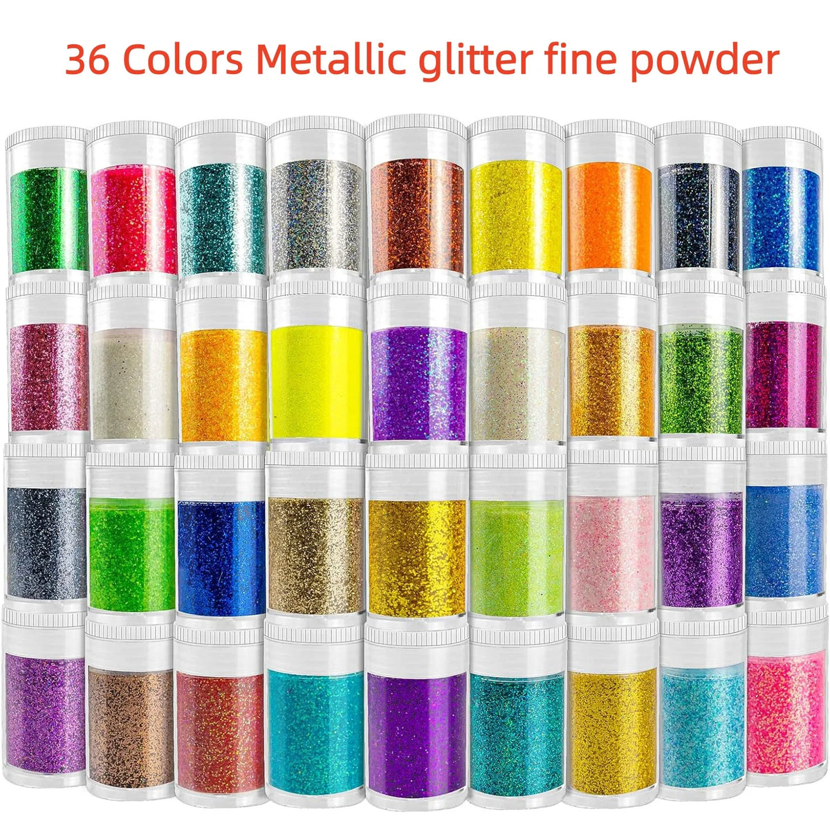 A collection of 36 colors of metallic glitter fine powder in small glass containers.