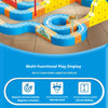 A multi-functional play display featuring an orange and blue magnetic train track for children's gameplay.