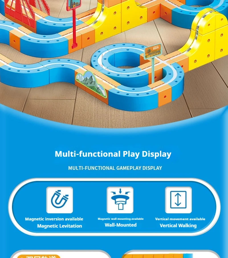 A multi-functional play display featuring an orange and blue magnetic train track for children's gameplay.