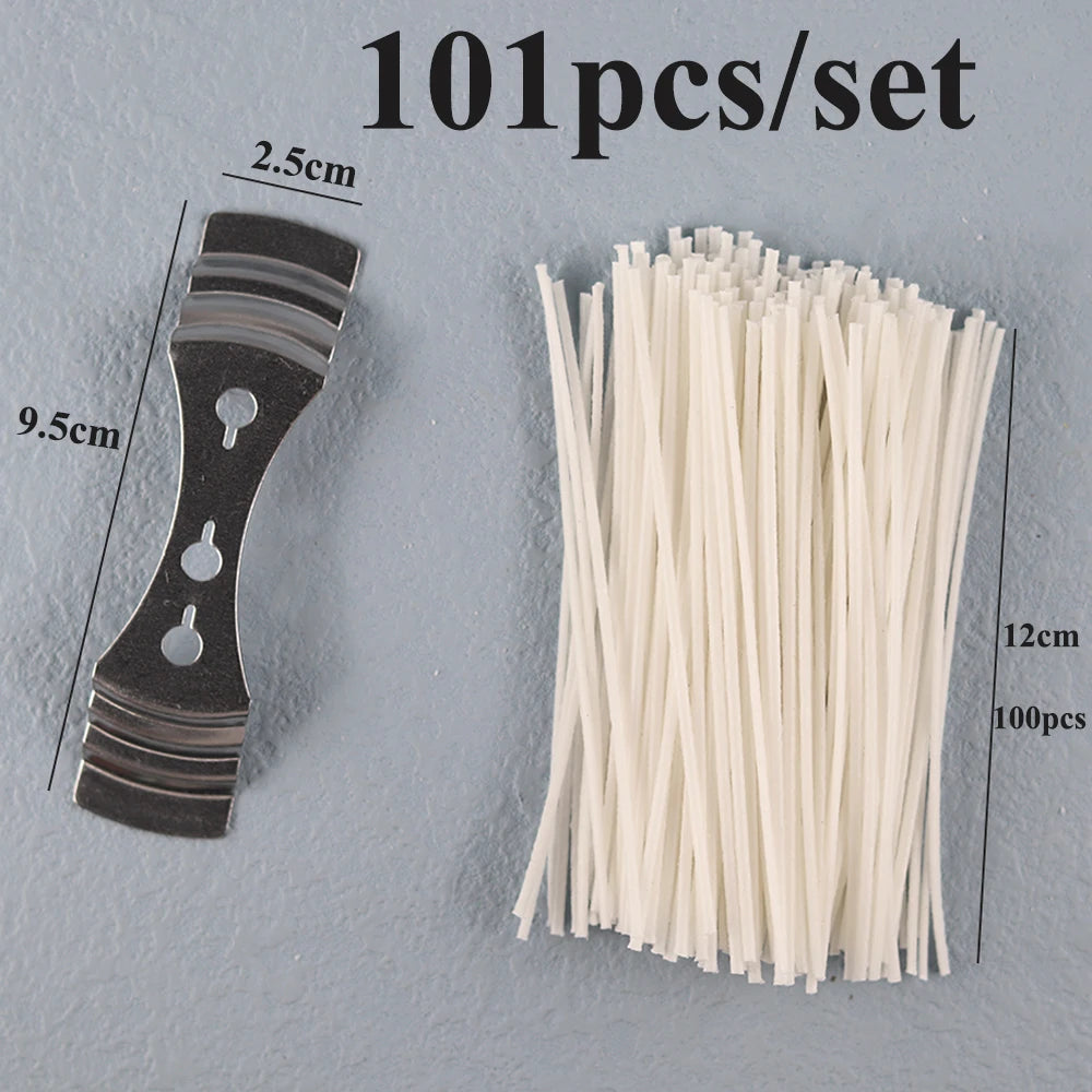 A set of 101 pre-waxed cotton candle wicks with metal sustainers shown next to a measuring scale.