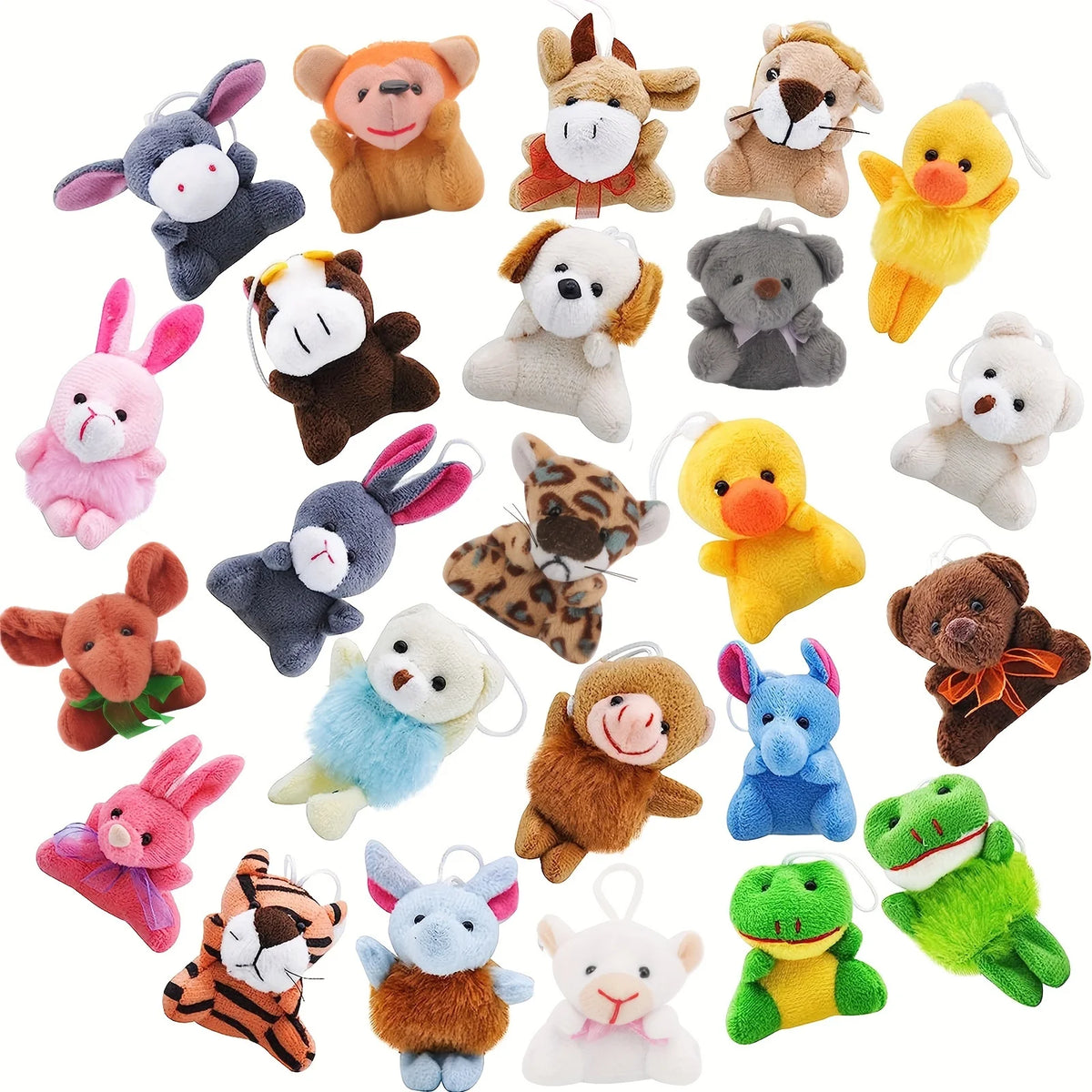 A collection of 24 mini plush animal stuffed toys in various colors and styles.
