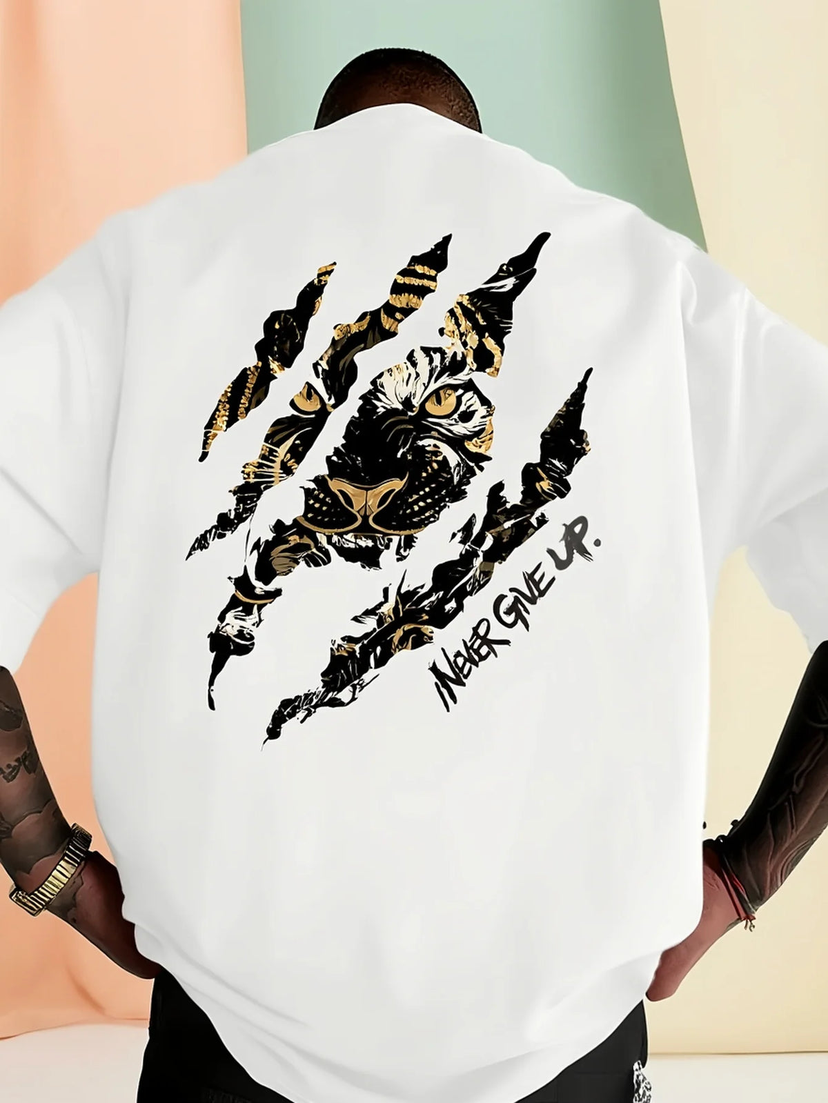 Back view of a white Tiger Claw Never Give Up graphic cotton t-shirt featuring a black silhouette design.