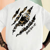 Back view of a white Tiger Claw Never Give Up graphic cotton t-shirt featuring a black silhouette design.