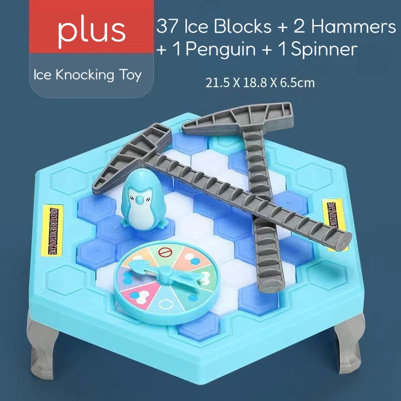 A blue ice block game featuring ice blocks, hammers, a penguin, and a spinner on a light blue board.