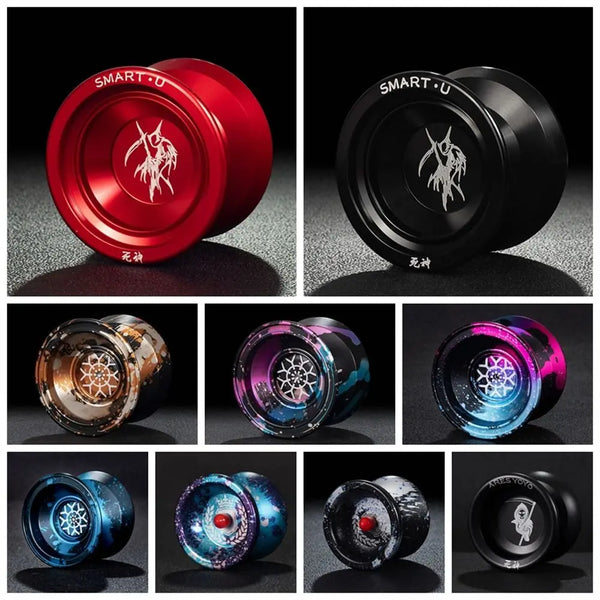 A collection of professional metal yo-yos in various colors and finishes, including red, black, and iridescent shades.