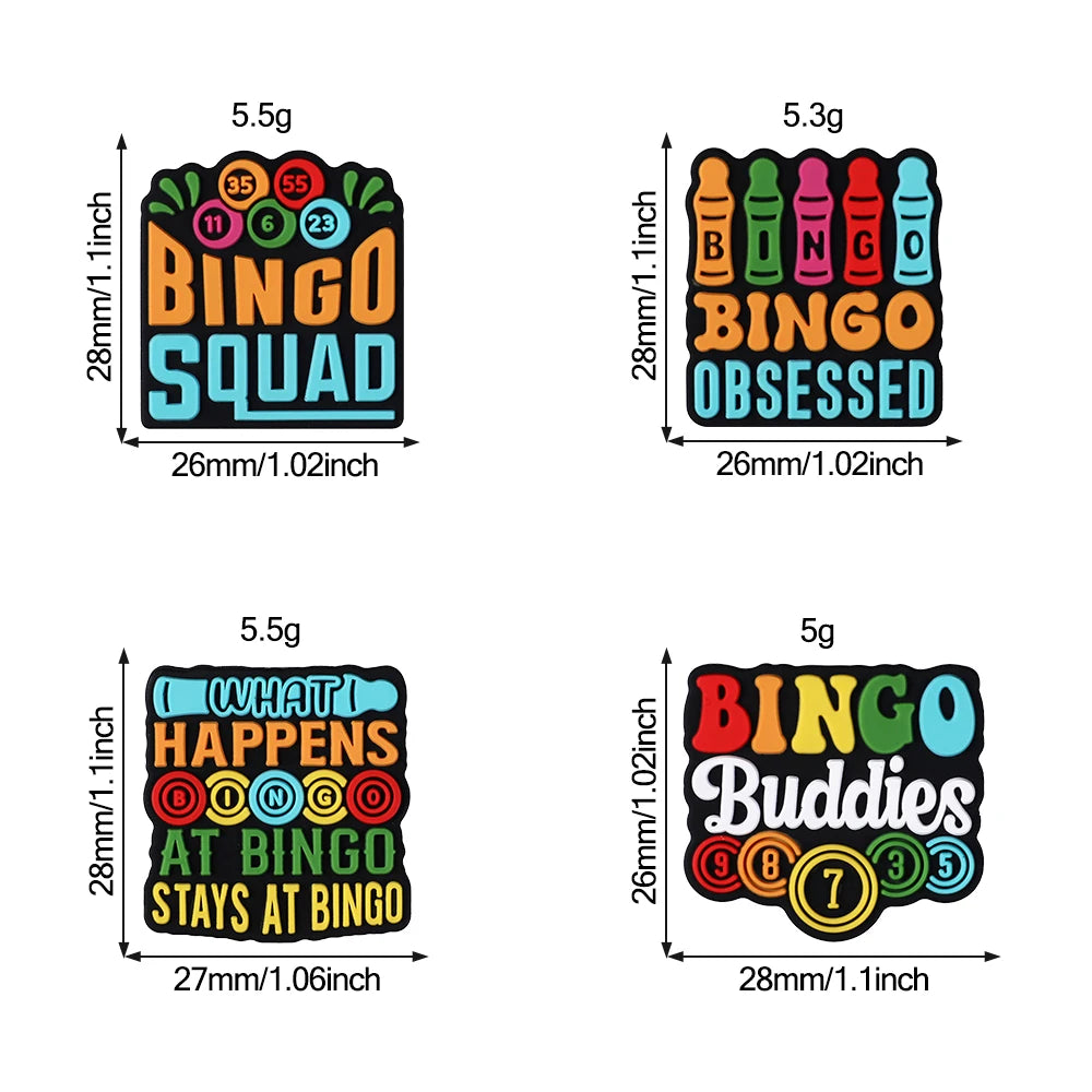 Four colorful silicone bead designs featuring bingo themes: Bingo Squad, Bingo Obsessed, and Bingo Buddies.
