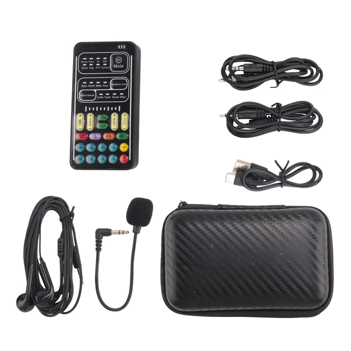 A portable voice changer microphone with a handheld device, charging cable, and carrying pouch.