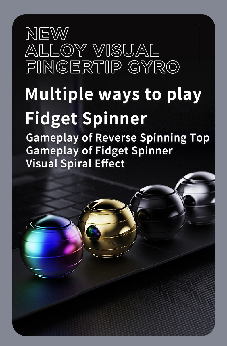 A close-up of a gold metal fidget spinner with iridescent colors resting on a dark surface.