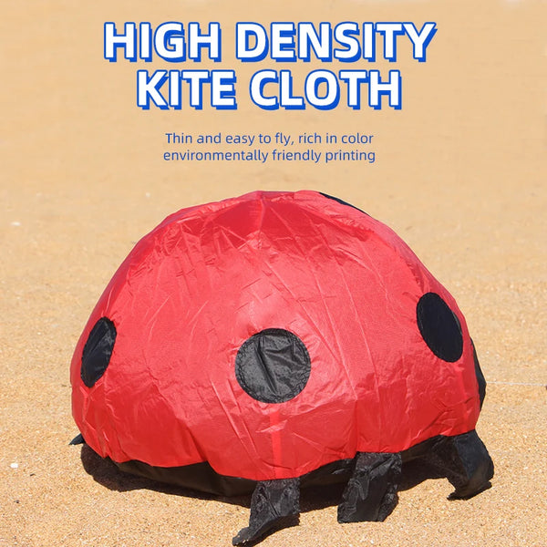 A red ladybird animal kite cloth is shown lying on sand.