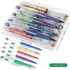 A plastic kit containing ten ballpoint pens in various colors including silver gold purple blue green and pink.