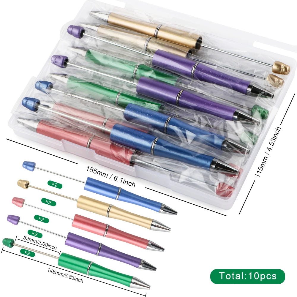 A plastic kit containing ten ballpoint pens in various colors including silver gold purple blue green and pink.
