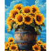 A vibrant bouquet of yellow sunflowers in a wooden barrel, ready for a DIY paint by numbers kit.