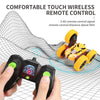 A hand holds a black remote control for a 2.4G wireless RC car with yellow wheels and LED lights.