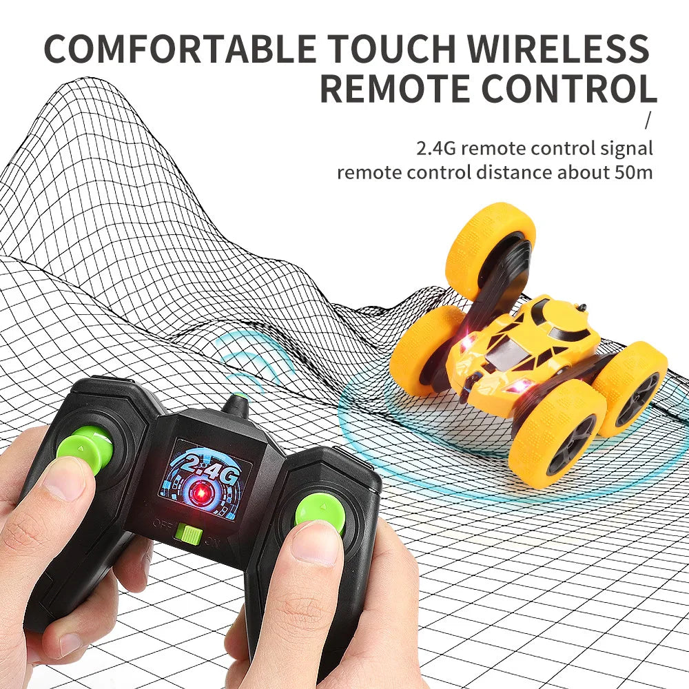 A hand holds a black remote control for a 2.4G wireless RC car with yellow wheels and LED lights.