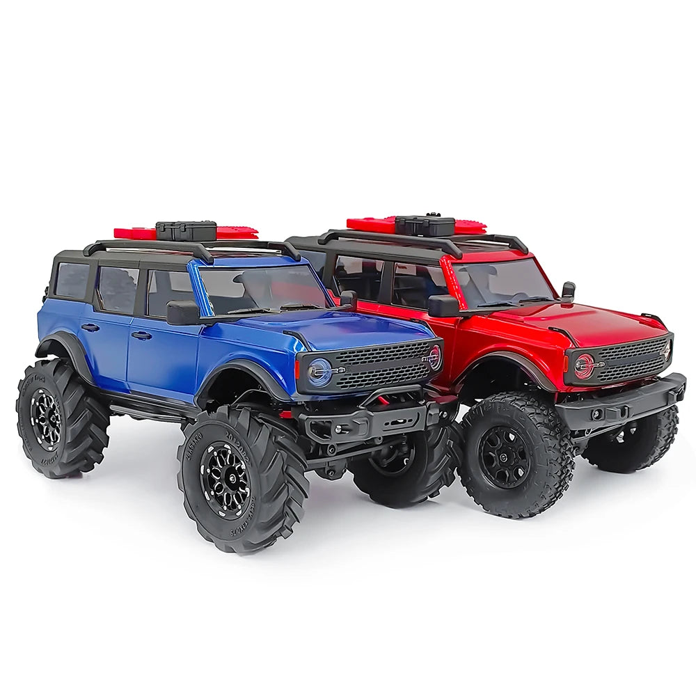 Deux véhicules crawler RC rouges et bleus avec roues en caoutchouc souple et accents noirs.